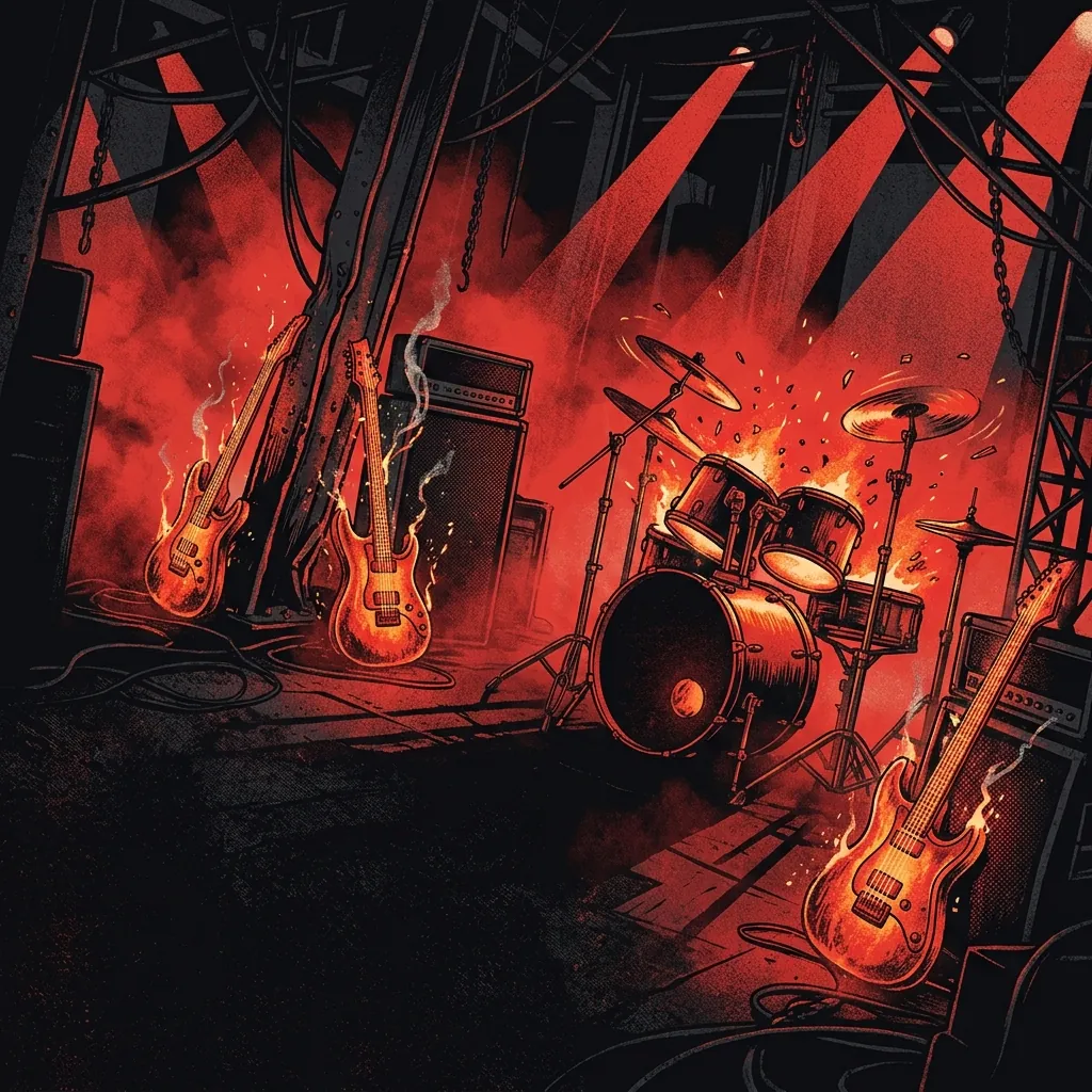 ilustración tributo de guitarras eléctricas al rojo vivo y redobles de batería explosionando en un espacio industrial oscuro, niebla roja densa, acero retorcido y luces de escenario en diagonal, sin rostros reconocibles ni logos, paleta rojo y negro