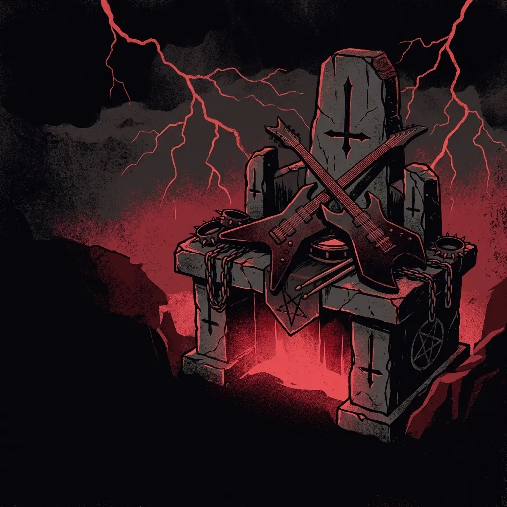 ilustración tributo de un altar de metal oscuro coronado por relámpagos rojos, guitarras y baquetas dispuestas como ofrenda, textura de granito negro y luz carmesí que emana desde abajo, ilustración tributo sin rostros reconocibles ni logos, paleta rojo y negro