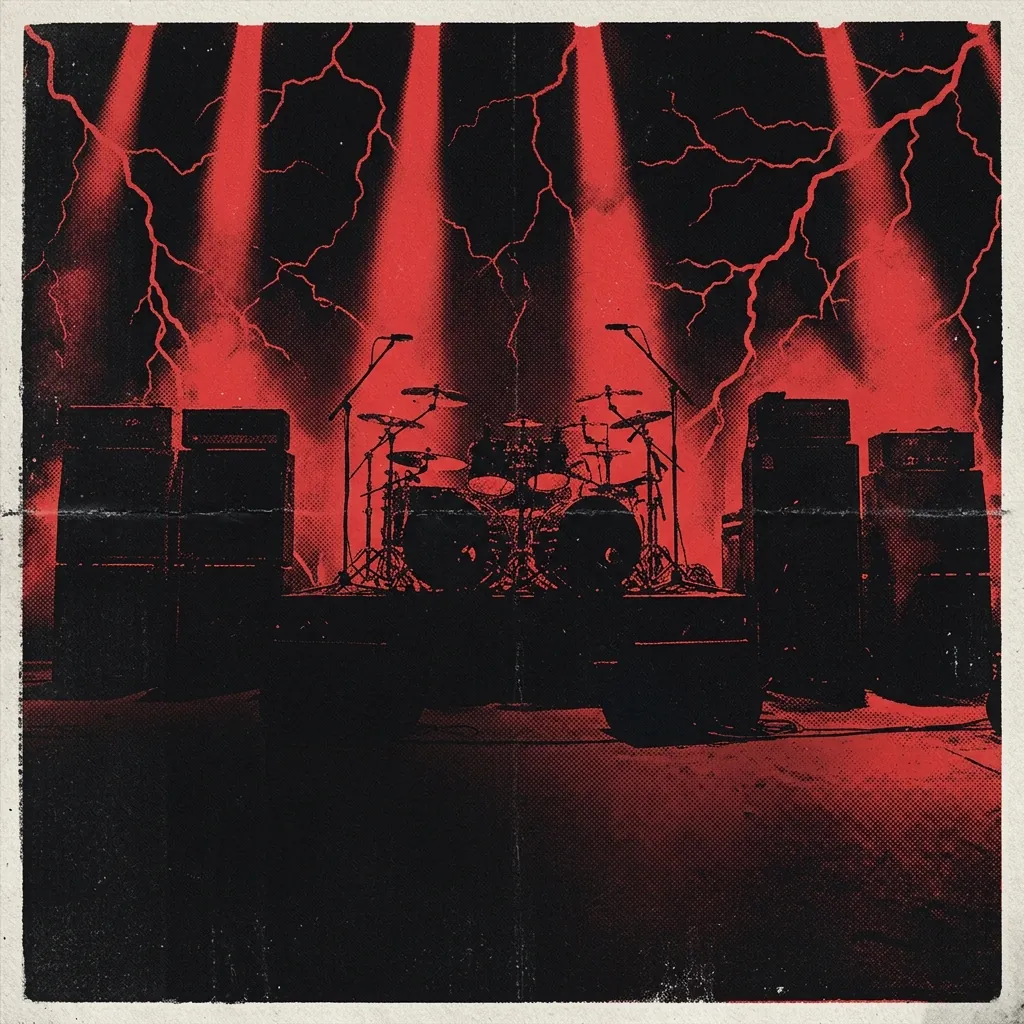 ilustración tributo de un escenario de metal con columnas de luz roja atravesando la oscuridad, siluetas de amplificadores y una batería monumental al fondo, relámpagos de color carmesí sobre negro absoluto, ilustración tributo sin texto ni logotipos