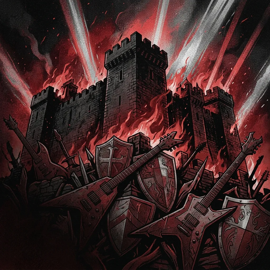 ilustración tributo de una fortaleza medieval en llamas vista desde abajo, rayos de luz roja y plateada cruzando un cielo nocturno, guitarras eléctricas y escudos medievales entrelazados, atmósfera de power metal épico alemán sin rostros ni logos, paleta rojo y negro con destellos plateados