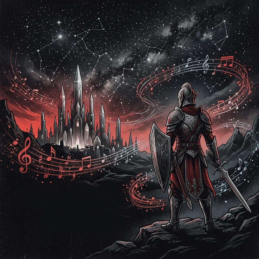 ilustración tributo de un guerrero élfiko bajo un cielo cargado de constelaciones, torres de cristal en el horizonte y notas musicales flotando como partículas de luz, atmósfera tolkieniana del metal sinfónico europeo de los años 90 y 2000, sin rostros reconocibles ni logos, paleta rojo y negro con plateado y azul profundo