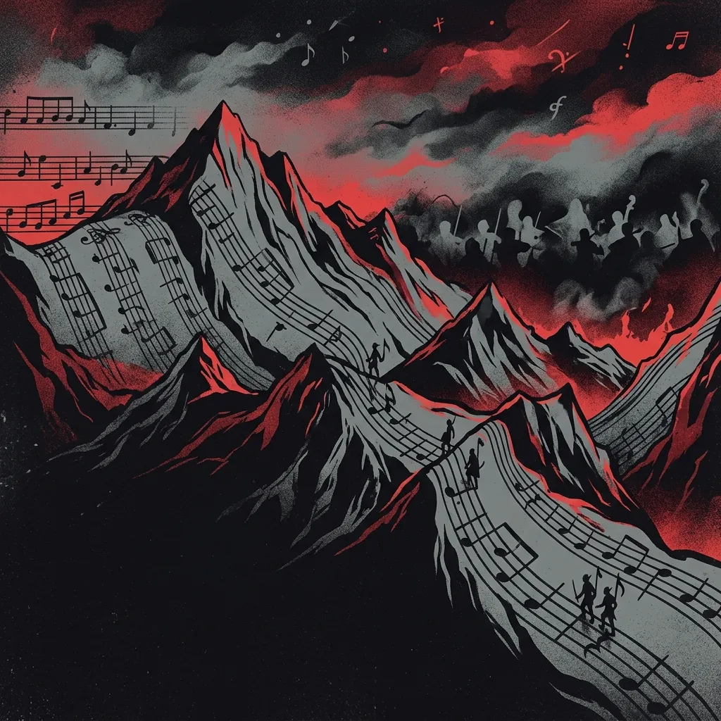 ilustración tributo de una partitura musical que se transforma en paisaje épico de fantasía: pentagramas convertidos en montañas, notas que se vuelven guerreros élfikas, orquesta de sombras en el horizonte, paleta rojo y negro sin texto ni logotipos