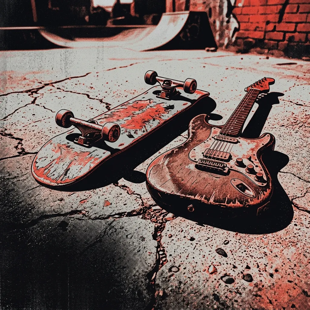 ilustración tributo de una tabla de skate y una guitarra eléctrica sobre concreto agrietado bajo el sol californiano, atmósfera juvenil y rebelde, paleta rojo y negro, sin rostros reconocibles ni logos