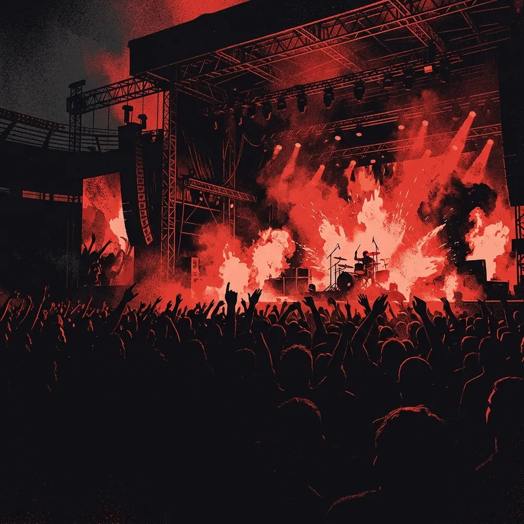 ilustración tributo de un escenario de estadio en llamas bajo luces rojas y negras, baterista al fondo con explosiones de fuego, atmósfera de concierto masivo, sin rostros ni logos