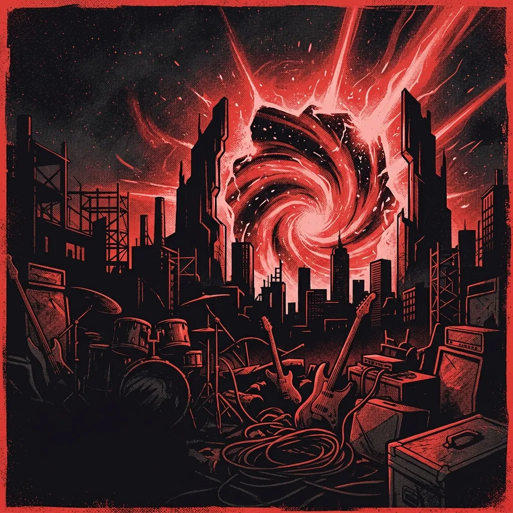 ilustración tributo de un portal estelar que se abre en el horizonte de una ciudad americana nocturna, arquitecturas alienígenas en sombra y espirales de luz roja y negra, sin rostros reconocibles ni logos, paleta rojo y negro