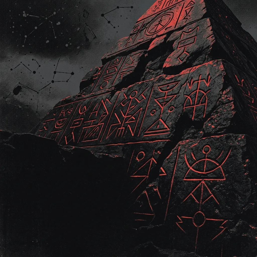 ilustración tributo de jeroglíficos alienígenas grabados en una pirámide de obsidiana bajo un cielo de constelaciones desconocidas, atmósfera death metal progresivo, sin rostros ni logos, paleta rojo y negro profundo