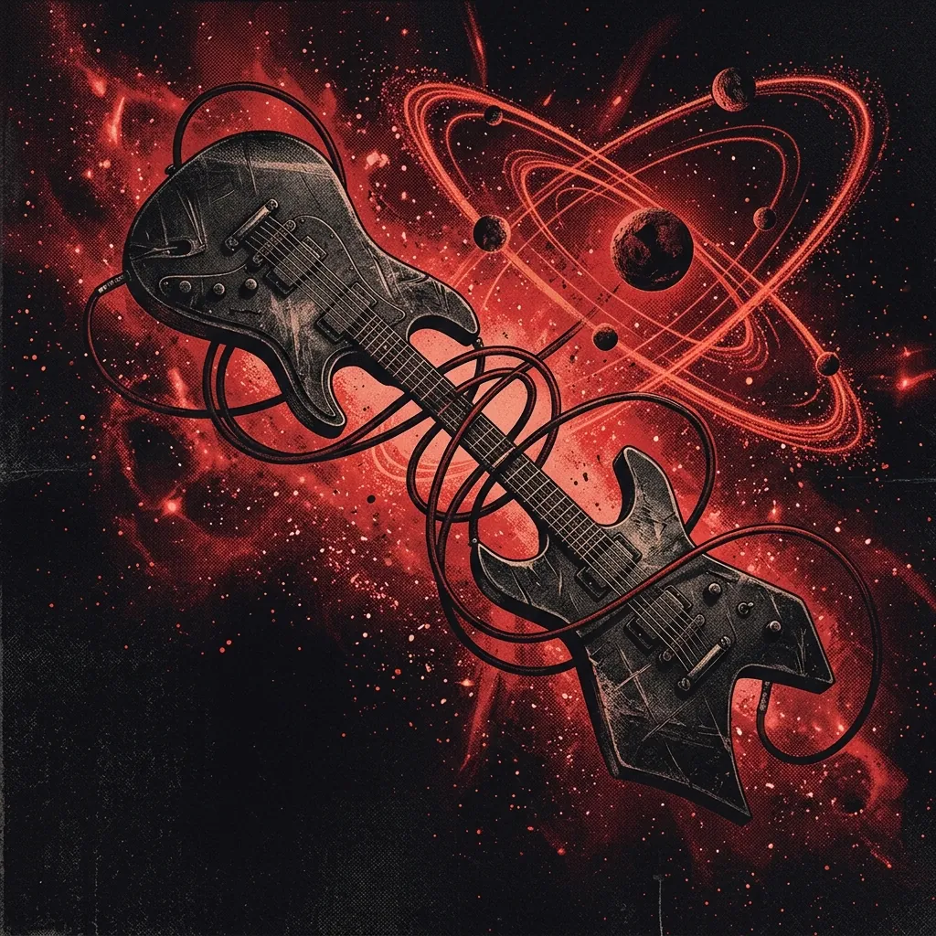 ilustración tributo de dos guitarras eléctricas entrelazadas con cables que se transforman en órbitas planetarias, fondo de nebulosa oscura y partículas de luz roja, sin texto ni logotipos, paleta rojo y negro con destellos de luz infrarroja
