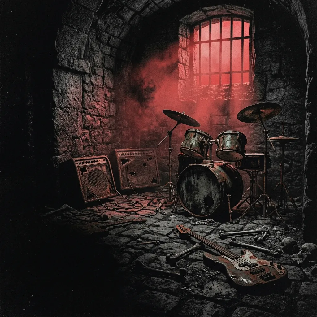 ilustración tributo de una mazmorra de piedra negra húmeda con instrumentos de metal oxidados y huesos en el suelo, atmósfera death metal Stockholm años 90, niebla roja filtrada por una ventana enrejada, sin rostros reconocibles ni logos, paleta rojo carmesí y negro absoluto