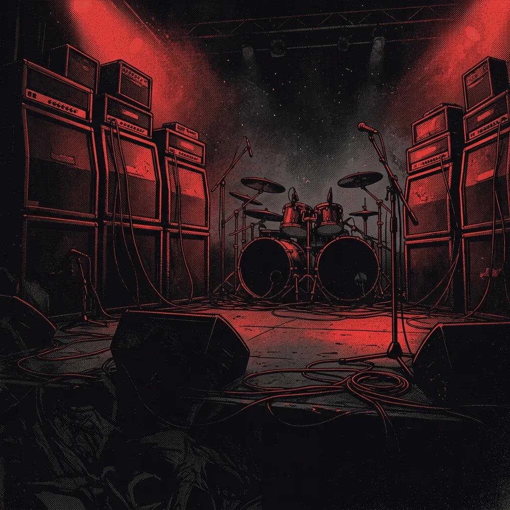 ilustración tributo de un escenario de metal extremo bajo luz roja sangre con amplificadores apilados y una batería de doble bombo en penumbra, atmósfera death metal brutal años 2000-2020, sin rostros ni logos reconocibles, paleta rojo sangre y negro profundo