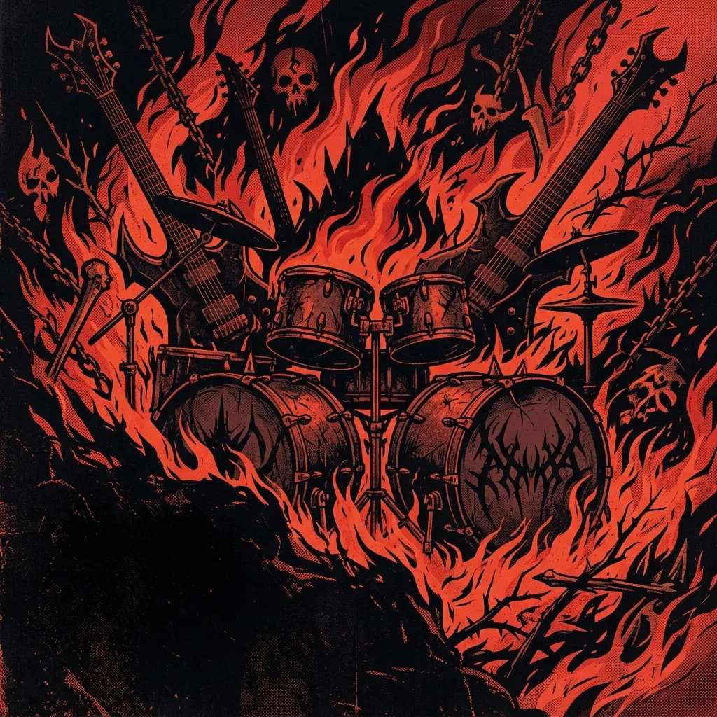 ilustración tributo de guitarras eléctricas y una batería de doble bombo rodeados de llamas rojas y sombras negras, símbolos de calaveras y cadenas en el fondo, atmósfera old-school death metal nórdico, sin texto ni logotipos visibles, paleta rojo carmesí y negro absoluto con destellos de naranja oscuro
