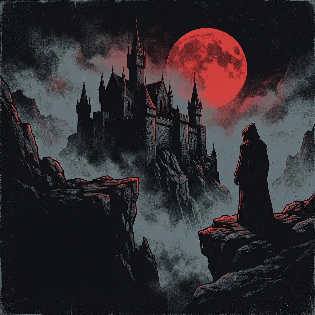 ilustración tributo de un castillo gótico entre niebla nocturna con una figura encapuchada sobre un acantilado bajo la luna llena carmesí, atmósfera power metal vampírico sueco 2005, sin rostros reconocibles ni logos, paleta rojo y negro