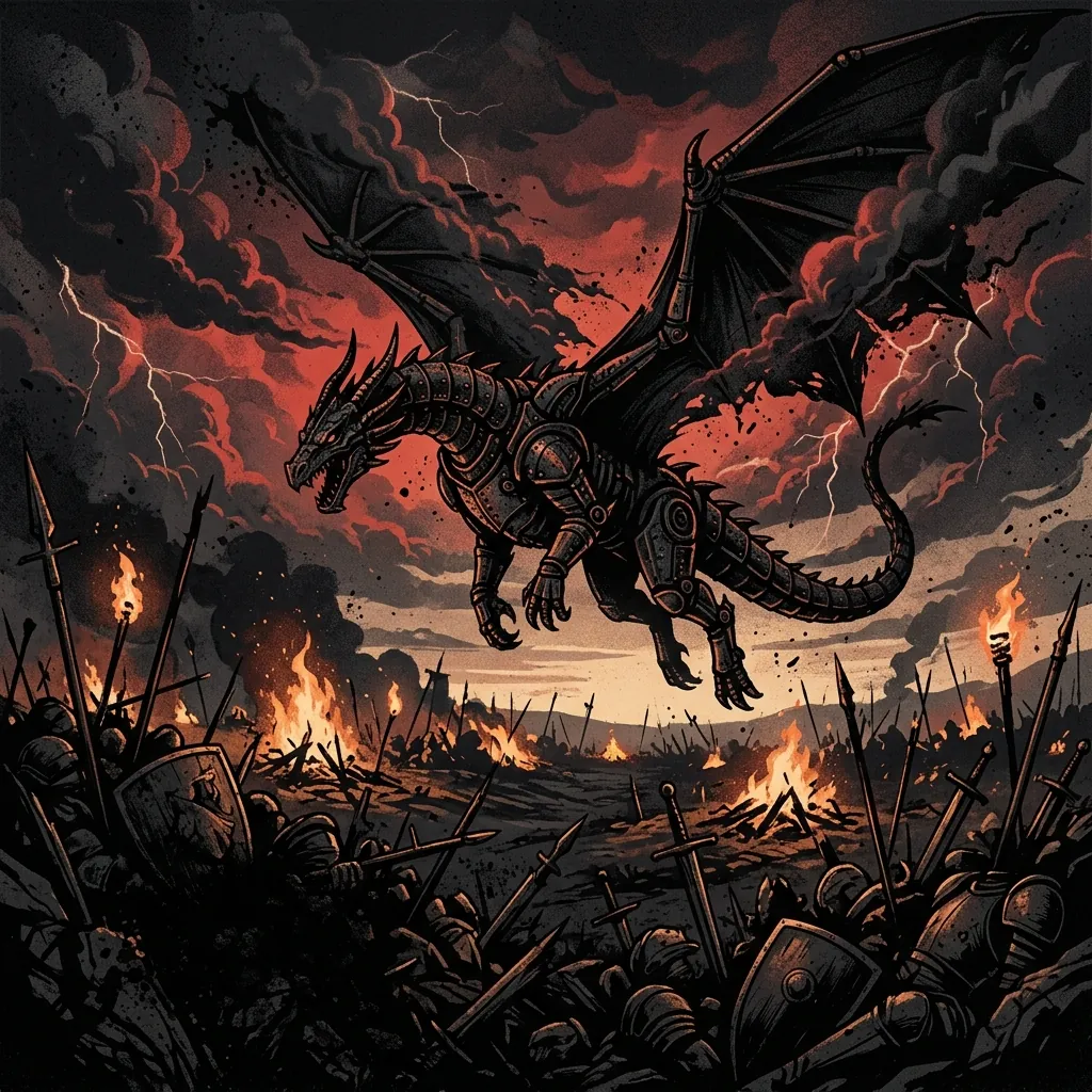 ilustración tributo de un dragón de acero negro desplegando alas de tormenta sobre un campo de batalla medieval iluminado por hogueras al amanecer, power metal épico sueco contemporáneo, sin rostros ni logos, paleta rojo y negro con destellos de cobre