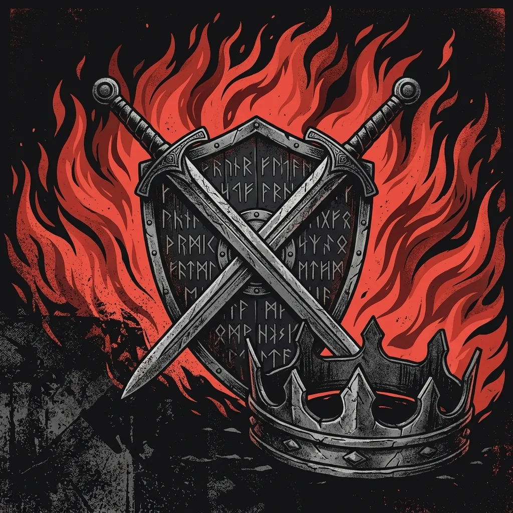 ilustración tributo de espadas cruzadas sobre un escudo con runas nórdicas grabadas, llamas al fondo y una corona de hierro en primer plano, atmósfera power metal épico sueco, sin texto ni logotipos, paleta rojo y negro
