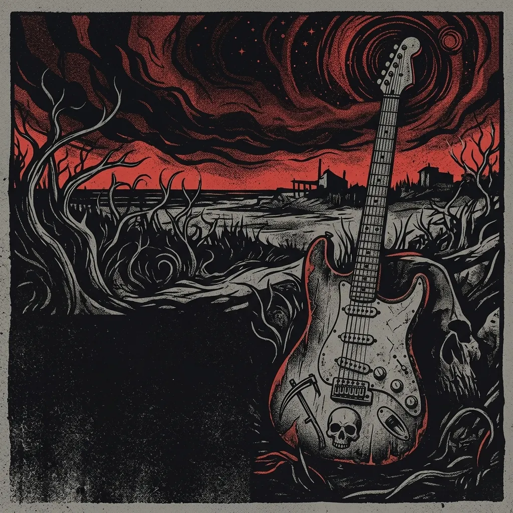 ilustración tributo de una guitarra eléctrica con un cráneo y símbolo de la hoz sobre un fondo de noche cerrada de Long Island, atmósfera de horror cósmico y psicodelia oscura, paleta rojo oscuro y negro, sin rostros reconocibles ni logos