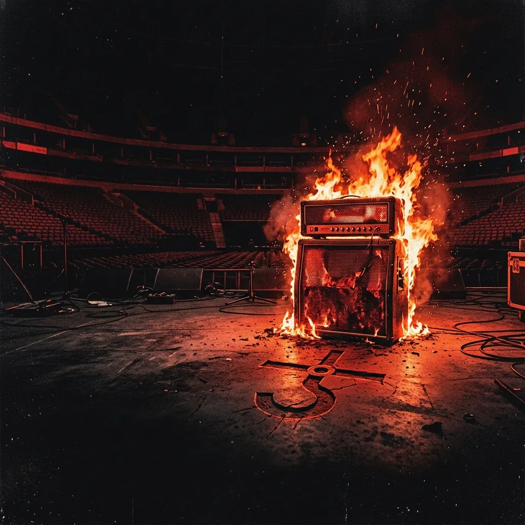 ilustración tributo de un amplificador encendido en llamas sobre un escenario de estadio vacío bañado en luz roja, símbolo de la Öyster Cult grabado en el suelo, atmósfera épica y oscura, paleta rojo y negro, sin rostros ni logos