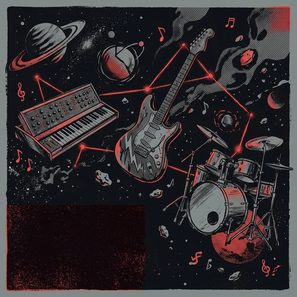 ilustración tributo de una constelación de riffs —guitarra eléctrica, teclados vintage y batería— flotando en un espacio cósmico oscuro con destellos rojos y negros, sin texto ni logotipos, atmósfera de ciencia ficción y rock psicodélico