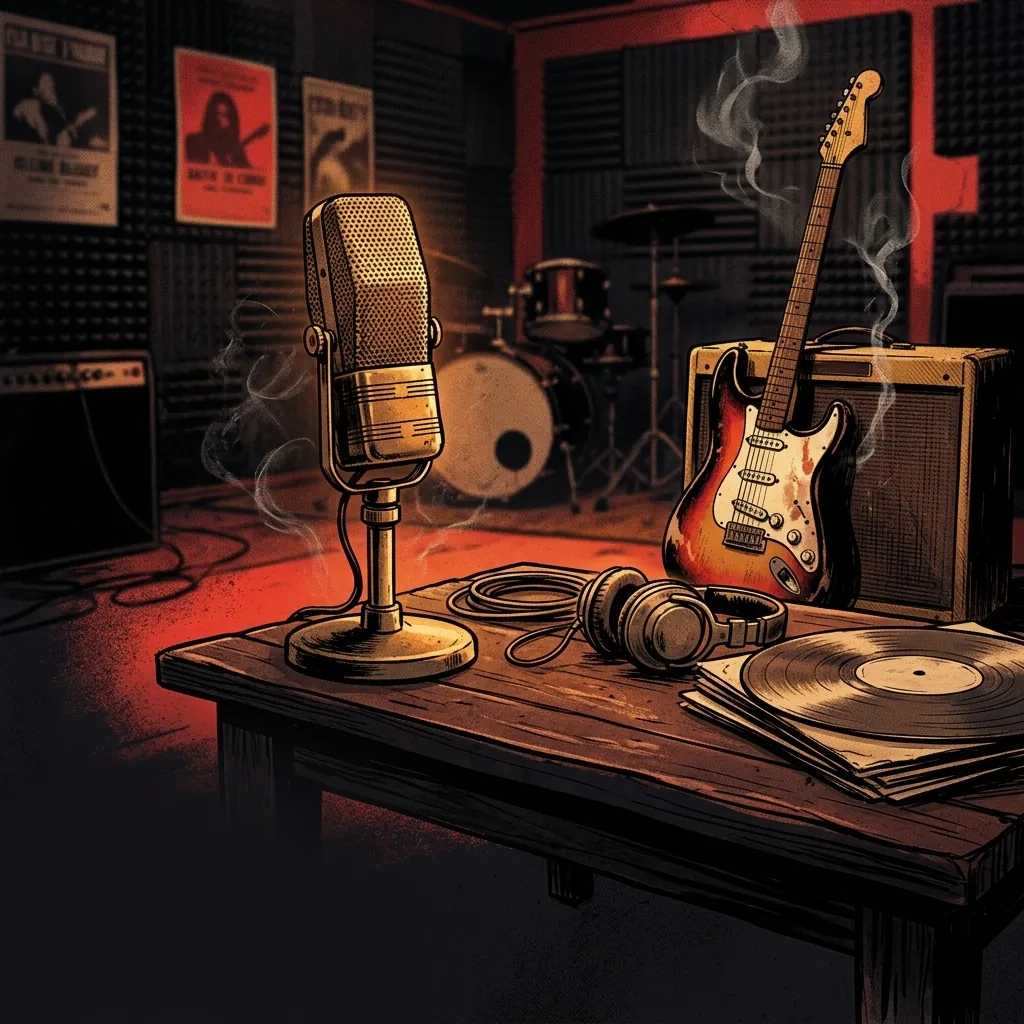 ilustración tributo de un micrófono de estudio vintage dorado sobre una mesa de madera con una guitarra eléctrica humeante al fondo, luz ámbar de sala de ensayo, atmósfera blues y soul años 70, paleta rojo y negro, sin rostros reconocibles ni logos