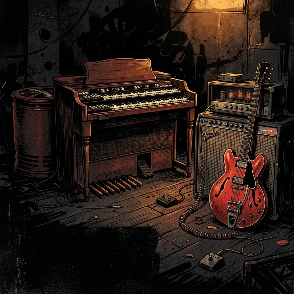 ilustración tributo de un órgano Hammond y una guitarra de cuerpo semiacústica conectada a un amplificador de válvulas, estética psych rock y soul años 70, luz cálida ámbar sobre fondo negro, paleta rojo y negro, sin texto ni logotipos