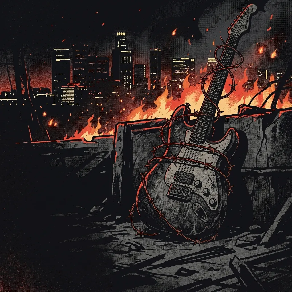 ilustración tributo de una guitarra eléctrica envuelta en alambre de púas sobre el horizonte nocturno de Los Ángeles, llamas en el fondo, paleta rojo y negro intenso, sin rostros reconocibles ni logos