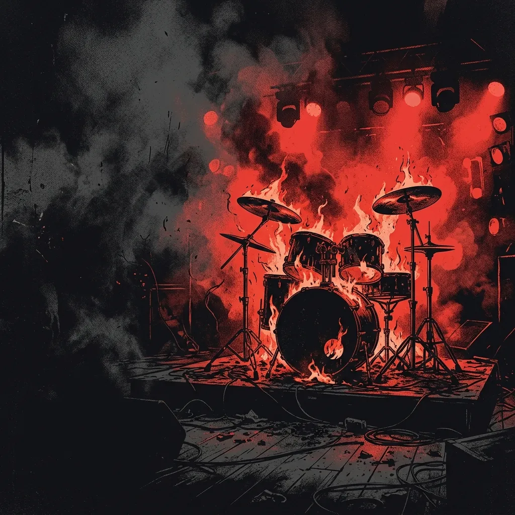 ilustración tributo de una batería en llamas sobre un escenario oscuro con luces rojas y humo, ambiente de concierto de metal extremo, paleta rojo y negro, sin rostros ni logos