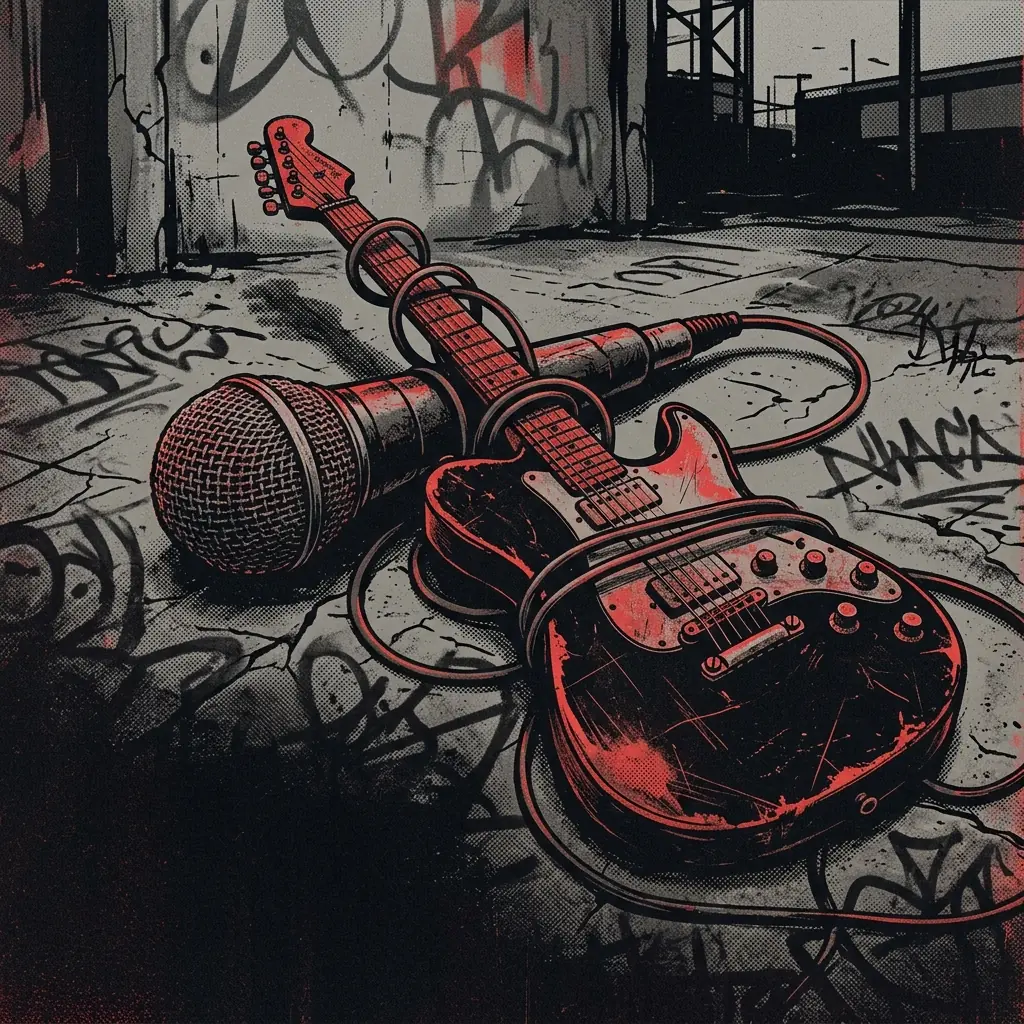 ilustración tributo de un micrófono y una guitarra eléctrica entrelazados sobre un fondo de pavimento agrietado y graffiti, estética de Los Ángeles años 90, paleta rojo y negro, sin texto ni logotipos
