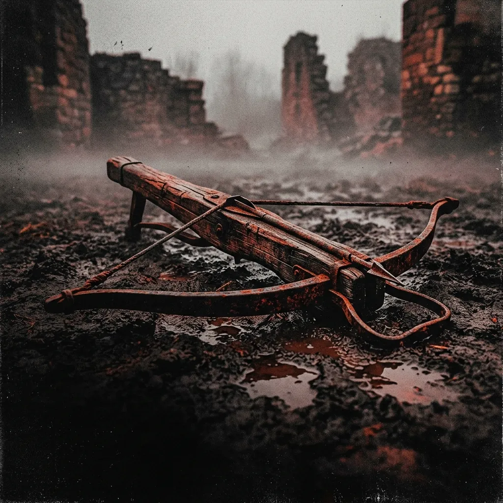 ilustración tributo de una ballesta medieval de madera y metal oxidado sobre un campo de niebla y barro, ruinas de murallas de piedra al fondo, sin rostros reconocibles ni logos, paleta rojo y negro con destellos de óxido