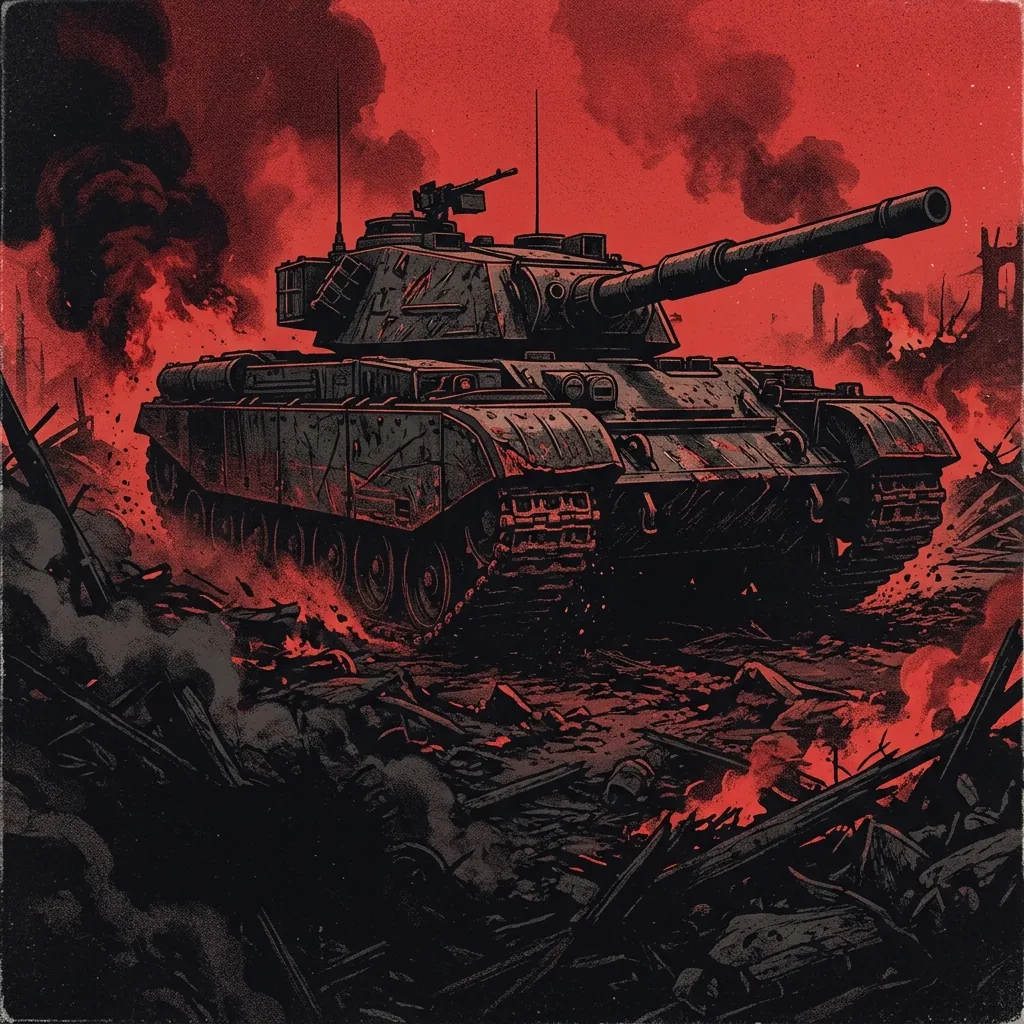 ilustración tributo de un tanque de guerra pesado cubierto de cicatrices de batalla avanzando entre escombros humeantes bajo un cielo rojo sangre, atmósfera death metal war metal británico años 90, sin rostros ni logos, paleta rojo y negro