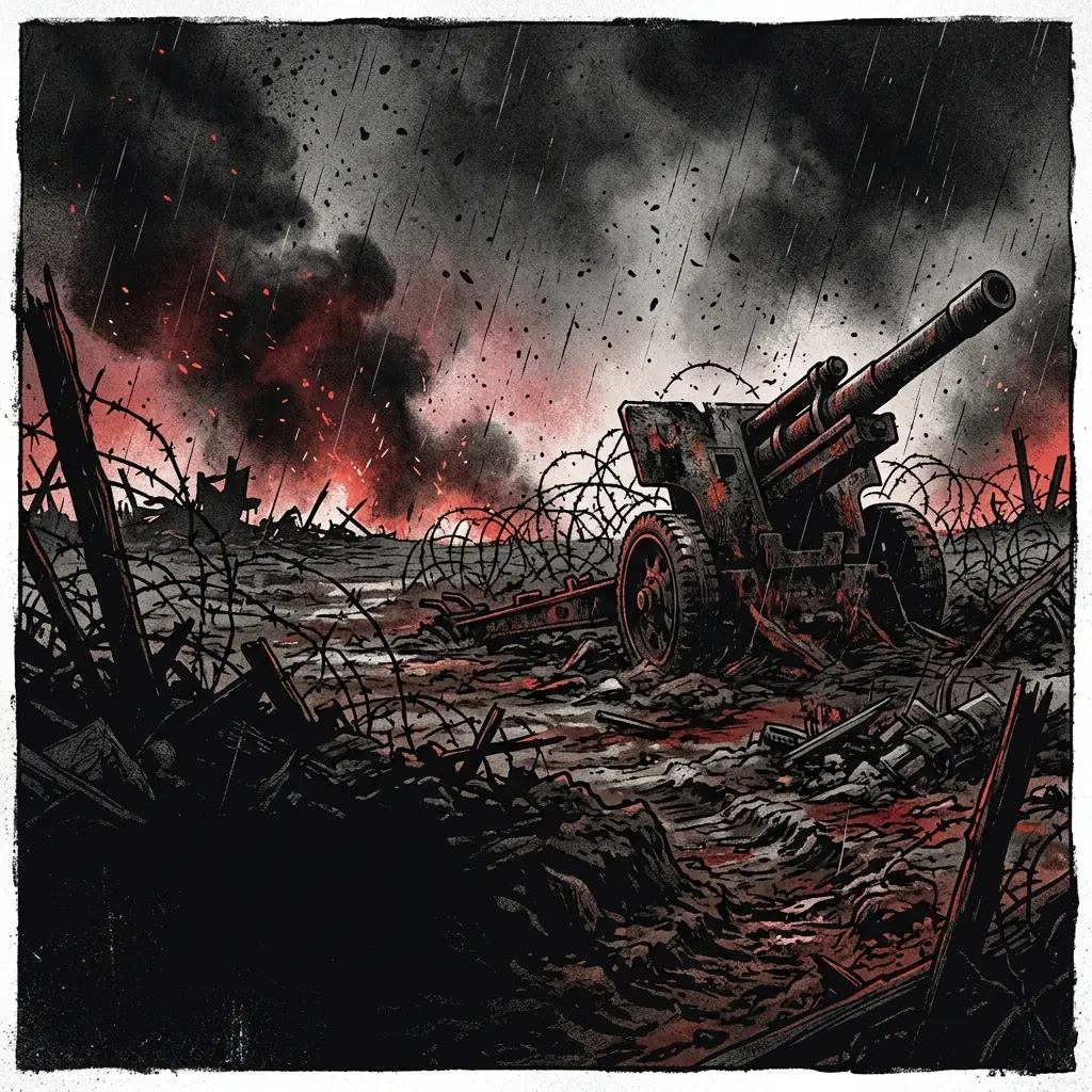 ilustración tributo de un campo de batalla en ruinas, alambre de espino y cañones abandonados bajo una lluvia de ceniza, sin texto ni logotipos, atmósfera death metal bélico, paleta rojo y negro con grises de humo