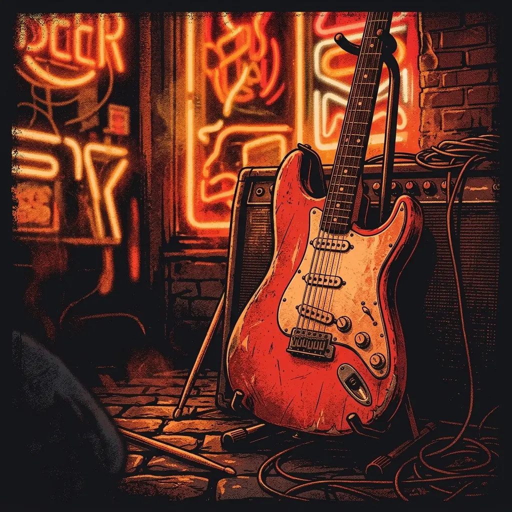 ilustración tributo de una guitarra eléctrica roja sobre fondo oscuro con luces de neón naranjas y rojas evocando los bares de New Jersey en los 80, atmósfera cálida y rockera, paleta rojo y negro, sin rostros reconocibles ni logos