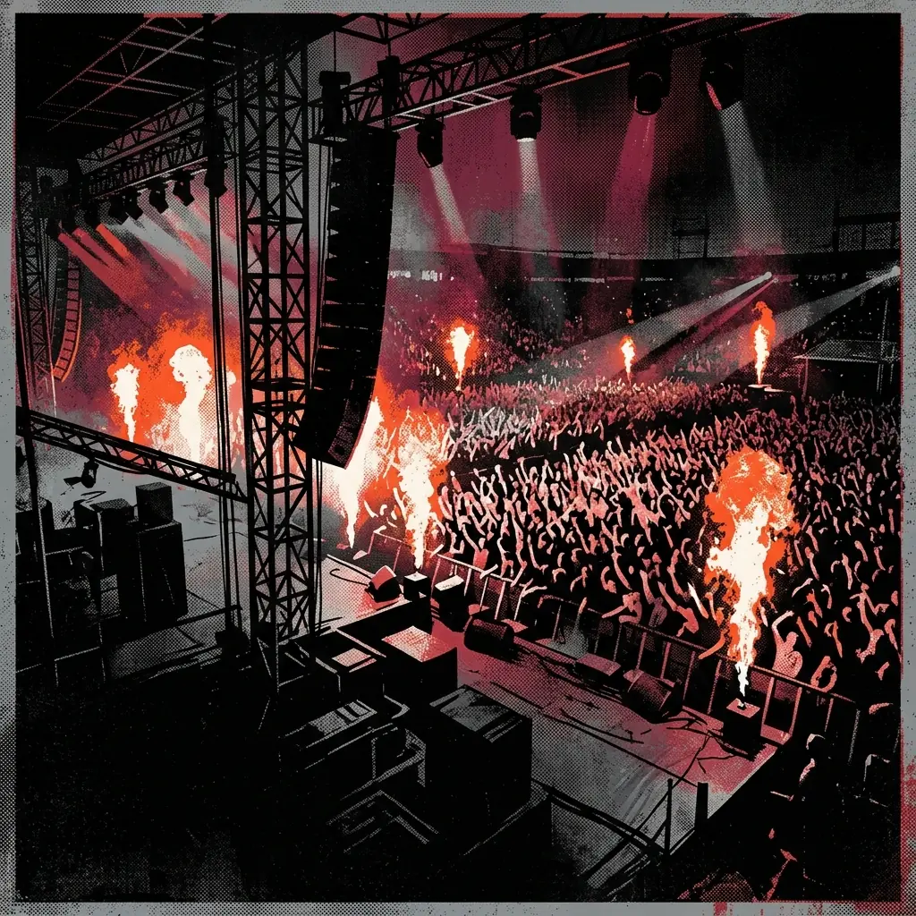 ilustración tributo de un estadio repleto visto desde el escenario con llamas y luces de colores, atmósfera épica de concierto masivo, paleta rojo y negro, sin rostros ni logos