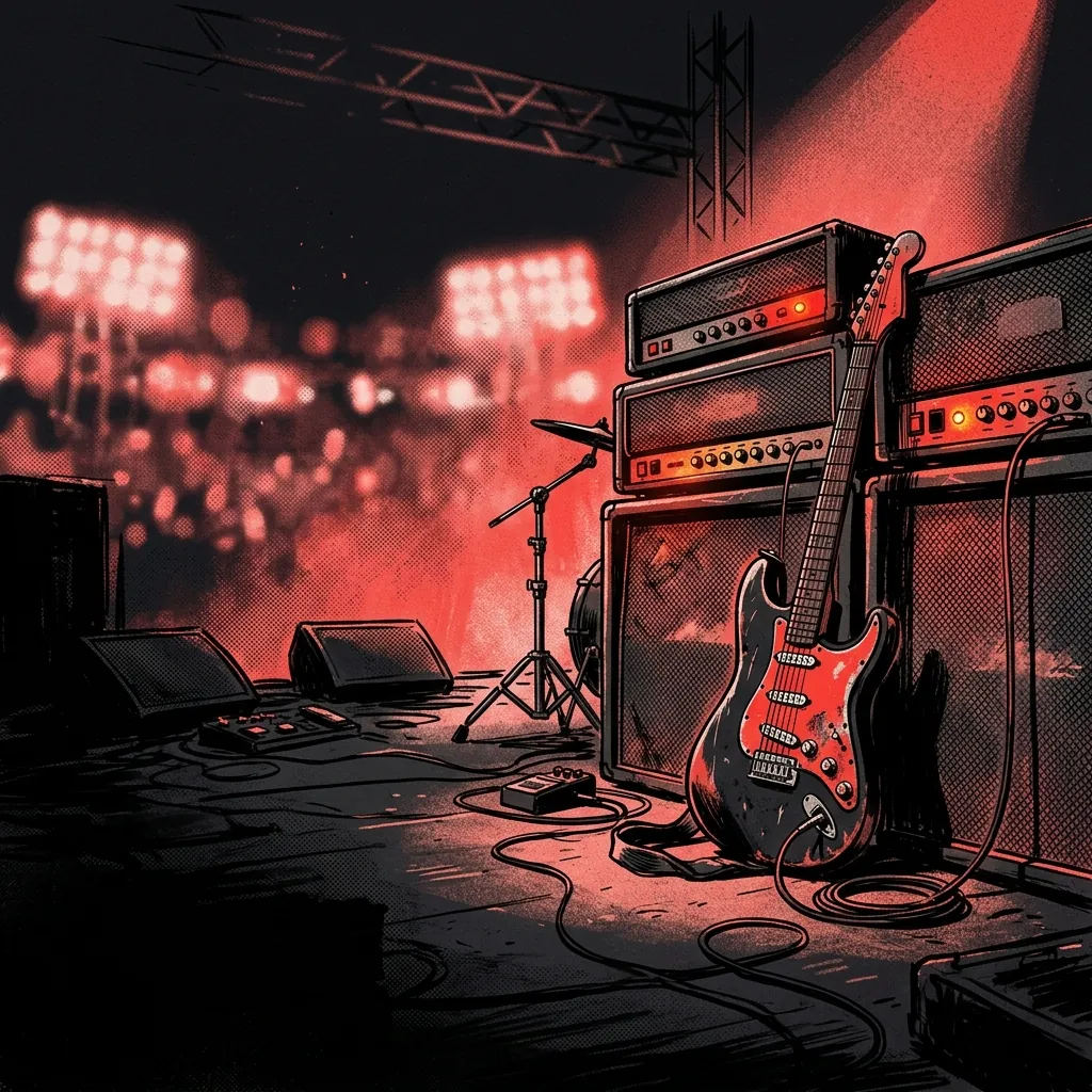 ilustración tributo de una guitarra eléctrica con amplificadores encendidos y luces de estadio difuminadas al fondo, estética rock de los 80-90, paleta rojo y negro, sin texto ni logotipos