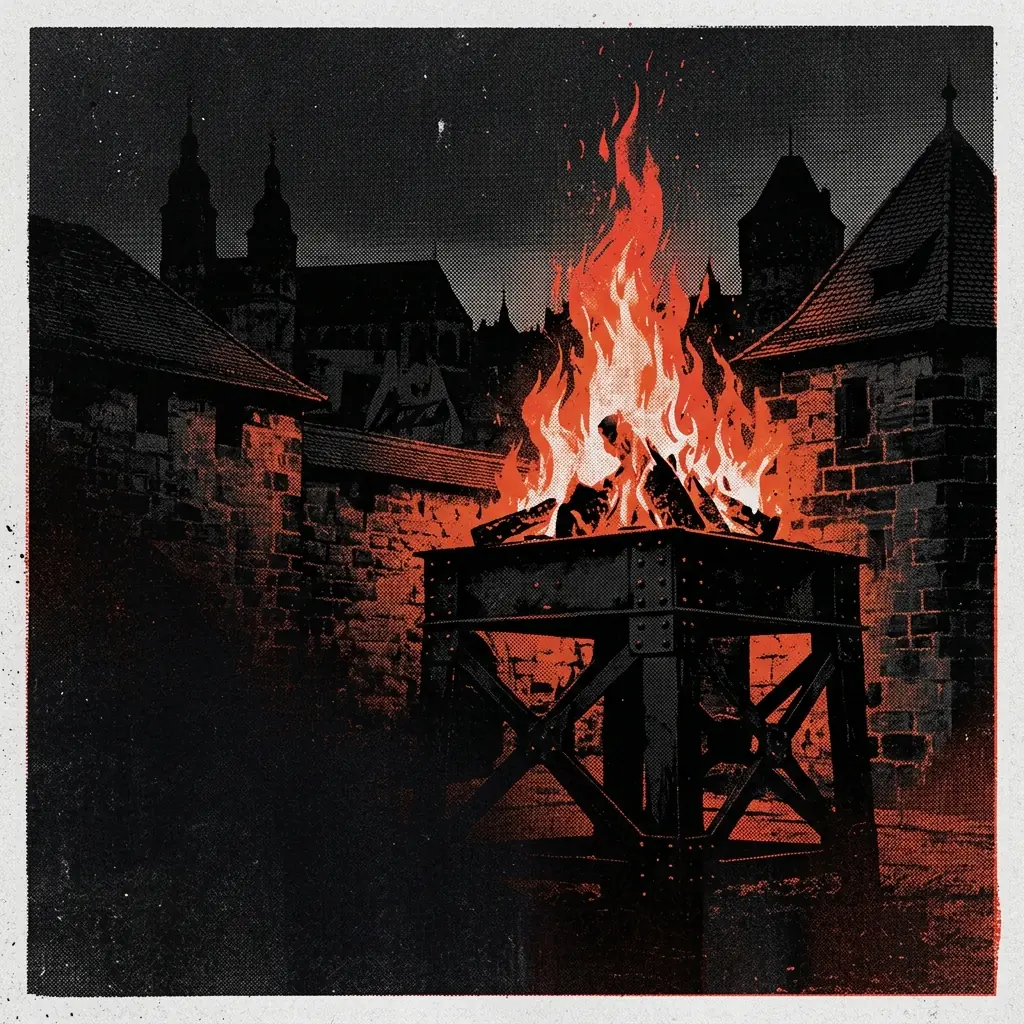 ilustración tributo de una hoguera industrial encendida sobre acero negro en una ciudad bávara nocturna, llamas rojas y naranjas que ascienden contra un cielo oscuro, paleta rojo y negro, sin rostros reconocibles ni logos