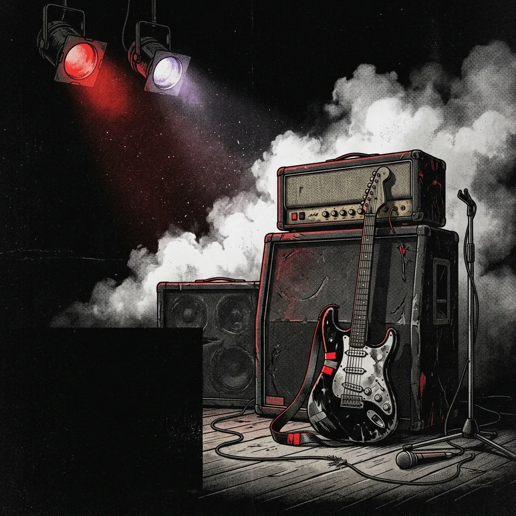 ilustración tributo de un escenario de hard rock de los 80 con focos de colores y humo blanco sobre fondo negro, guitarra eléctrica y amplificadores vintage, paleta rojo y negro, sin rostros ni logos