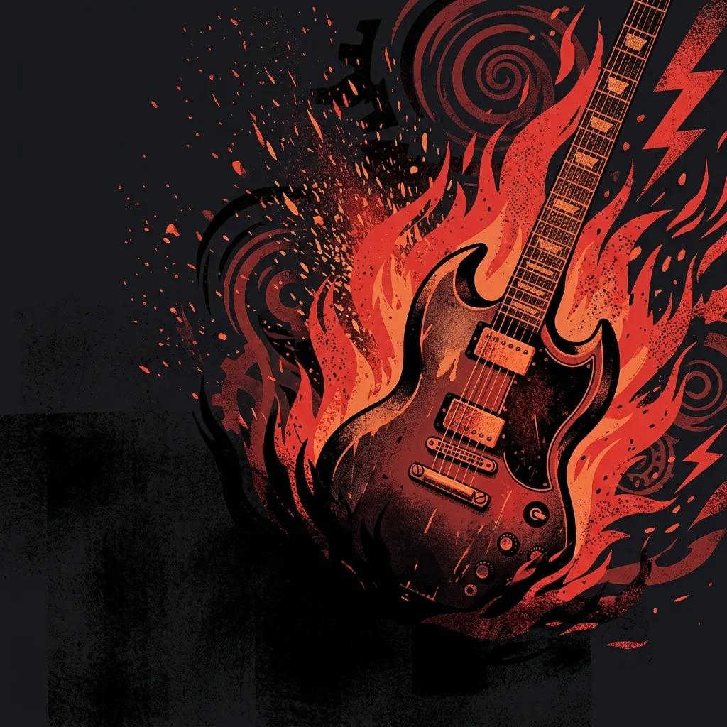 ilustración tributo de una guitarra eléctrica entre llamas rojas y chispas sobre fondo negro, motivos de fuego y acero evocando el hard rock melódico alemán de los 80, paleta rojo y negro, sin texto ni logotipos