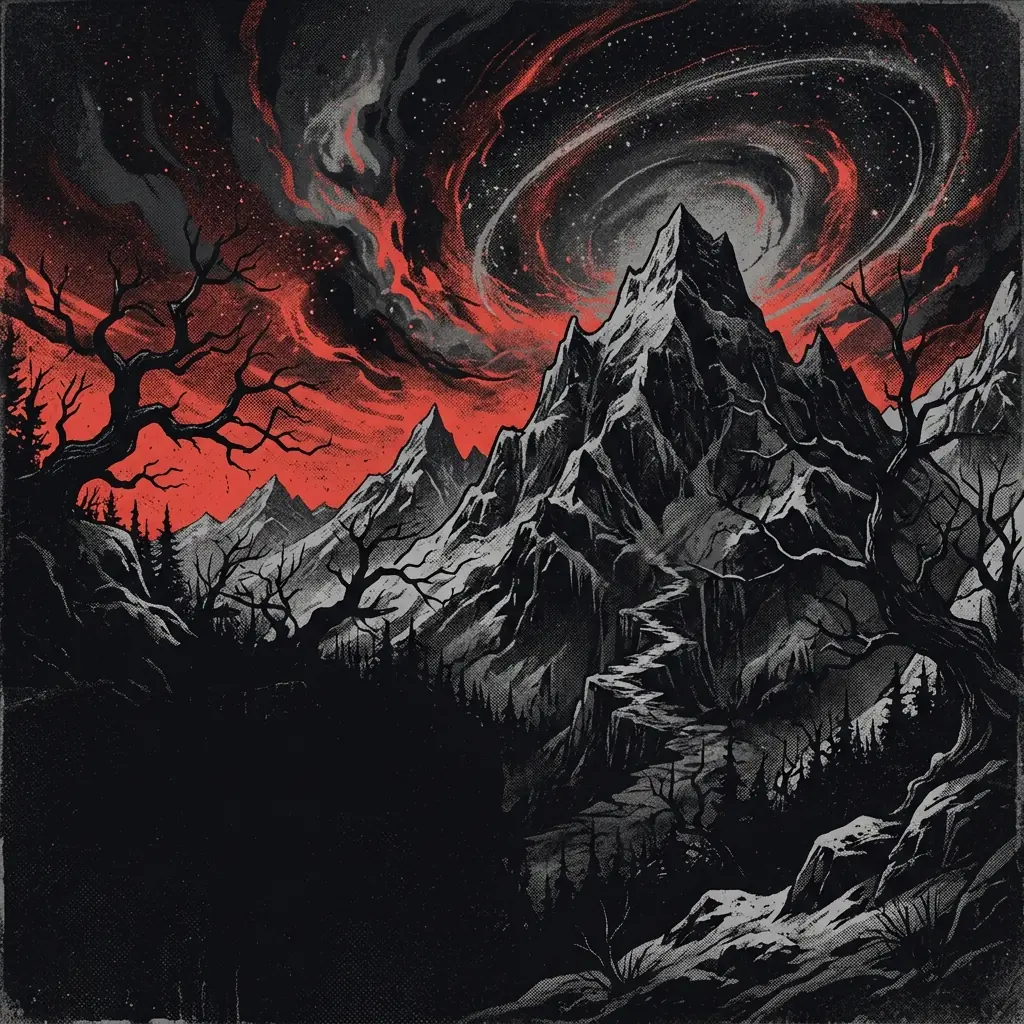 ilustración tributo de montañas noruegas bajo una tormenta cósmica, ramas de árboles desnudos contra un cielo estrellado y tempestuoso, atmósfera épica y gélida, paleta rojo y negro, sin rostros reconocibles ni logos