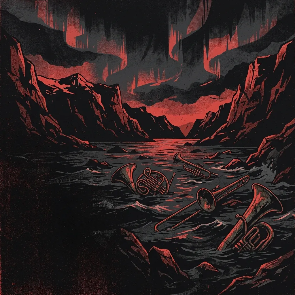 ilustración tributo de un fiordo noruego bajo la aurora boreal con instrumentos de metal flotando entre las aguas oscuras, luz tenue y misteriosa, paleta rojo y negro, sin rostros ni logos