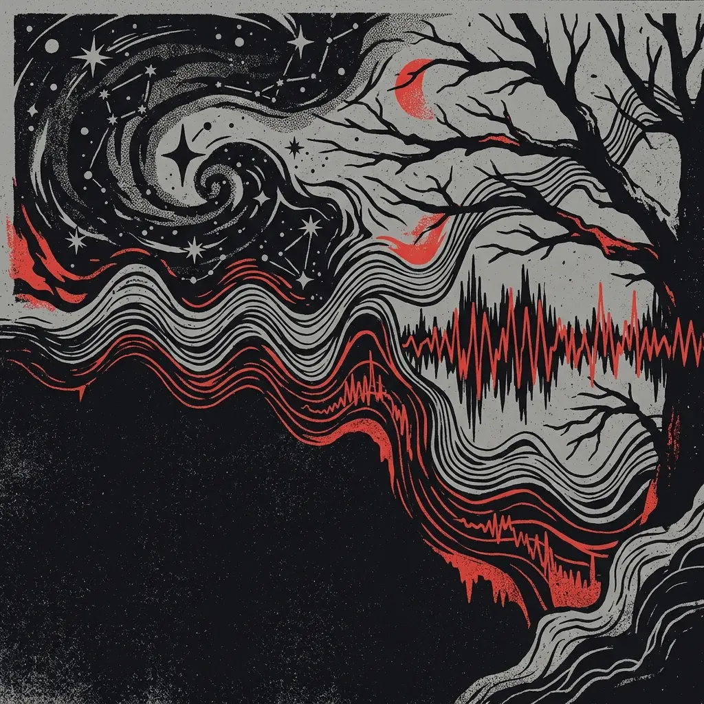 ilustración tributo de una composición abstracta con símbolos de cosmos, ramas de árbol ártico y ondas sonoras que se entrelazan, atmósfera filosófica y oscura, paleta rojo y negro, sin texto ni logotipos