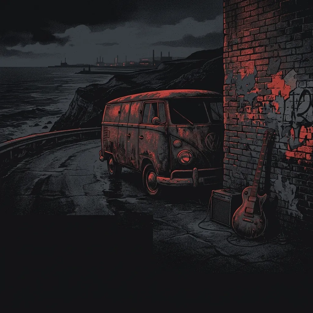 ilustración tributo de una furgoneta desvencijada en una carretera nocturna costera inglesa, guitarra eléctrica contra un muro de ladrillos, atmósfera oscura e industrial, paleta rojo y negro, sin rostros reconocibles ni logos