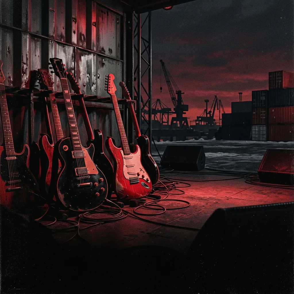 ilustración tributo de un escenario de concierto con guitarras eléctricas densas bajo luz roja tenue, ambiente industrial y sombrío como un puerto costero en invierno, paleta rojo y negro, sin rostros ni logos
