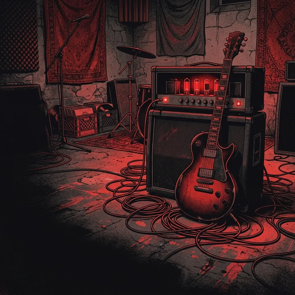 ilustración tributo de una guitarra eléctrica de cuerpo macizo sobre un amplificador encendido, con cables enredados y una atmósfera densa y eléctrica en rojo y negro, evocando un estudio de grabación en un sótano costero, sin texto ni logotipos