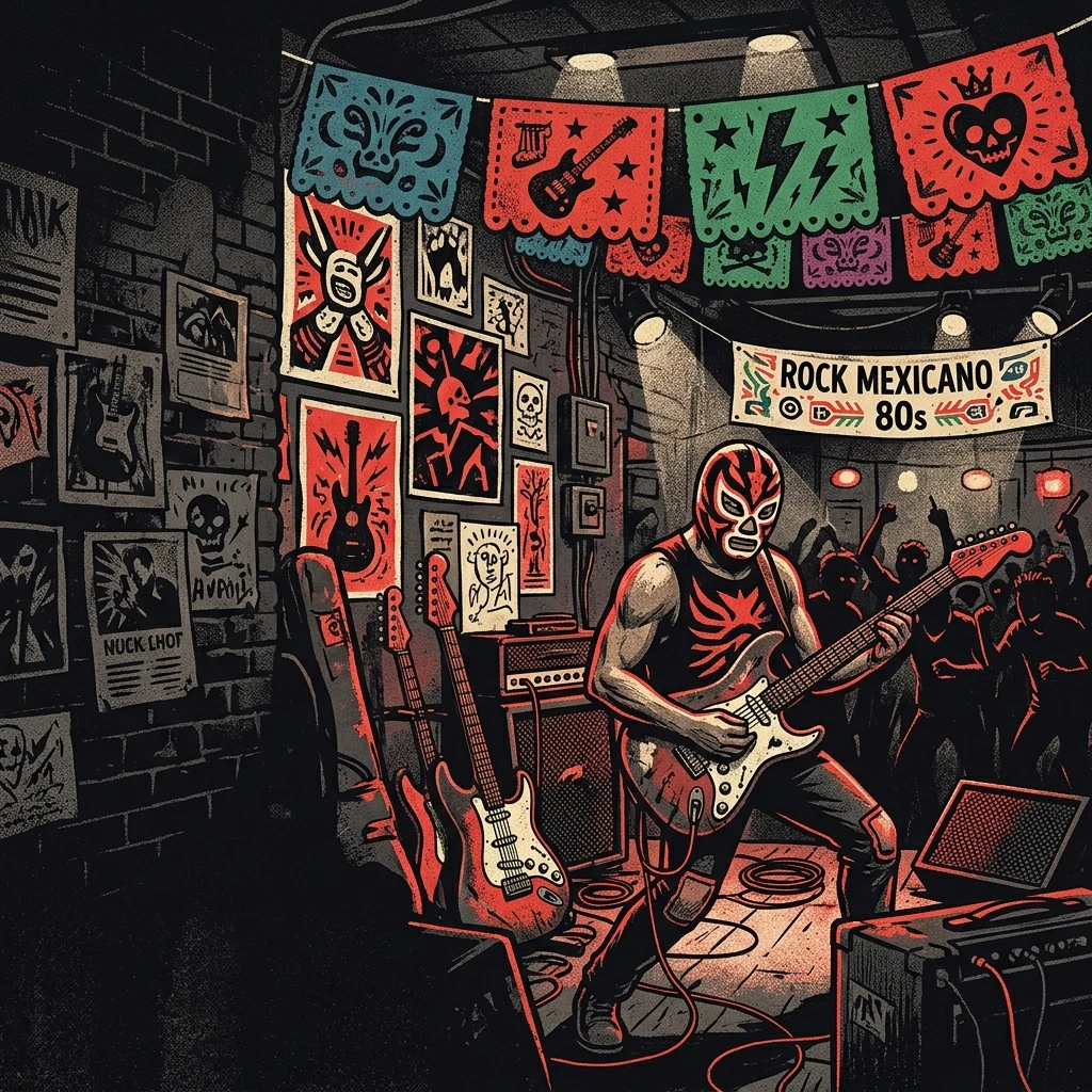 ilustración tributo a los orígenes del rock mexicano de los 80, composición de lucha libre, arte popular, papel picado y guitarras eléctricas en paleta rojo y negro, estética kitsch mexicana humorística, sin rostros ni logos