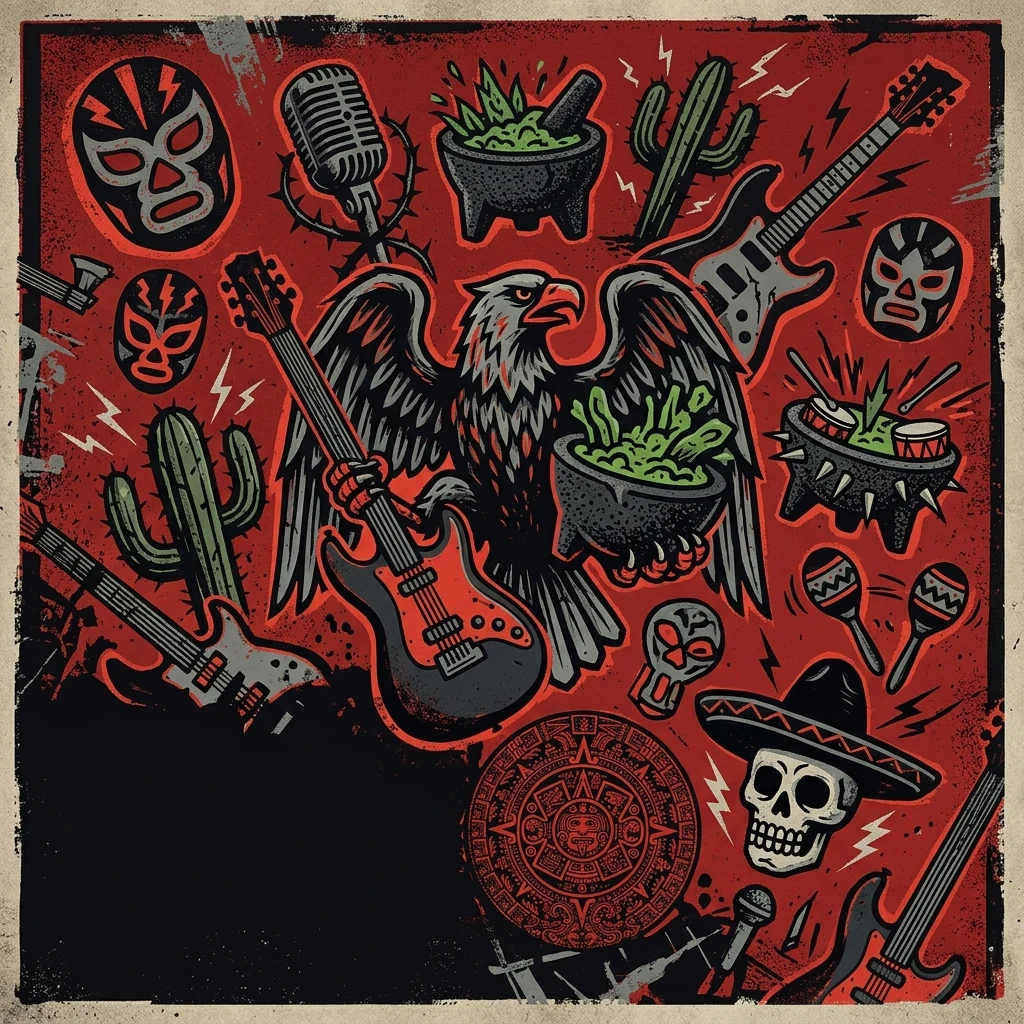 ilustración tributo al concepto guacarrock, collage de iconografía popular mexicana — águilas, molcajetes, lucha libre, instrumentos de rock y arte kitsch — sobre fondo rojo oscuro, estética de cartel vintage humorístico sin rostros ni logos
