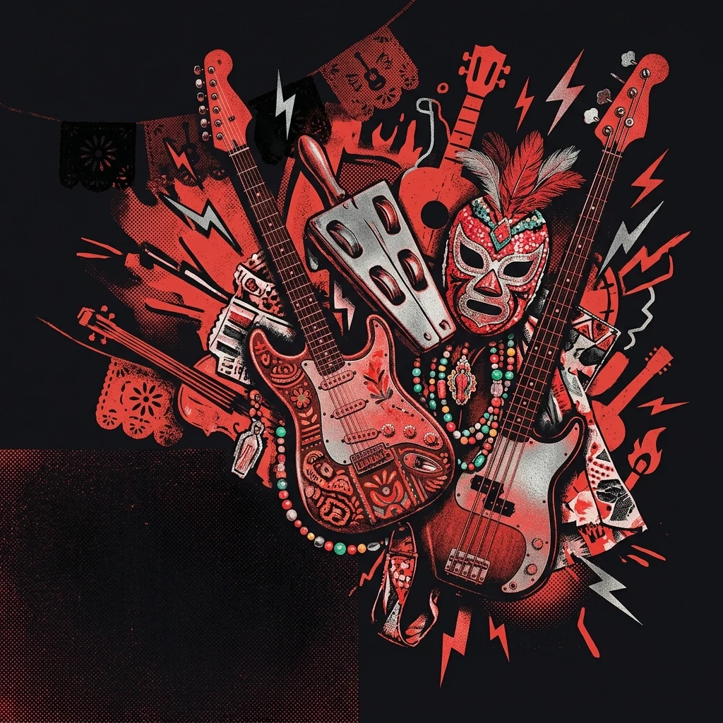 ilustración tributo al sonido guacarrock, instrumentos mezclados — guitarra eléctrica, quijada de burro, bajo, iconografía de lucha libre y ornamentos kitsch — sobre fondo negro y rojo, estética de arte popular mexicano con energía punk, sin rostros ni logos