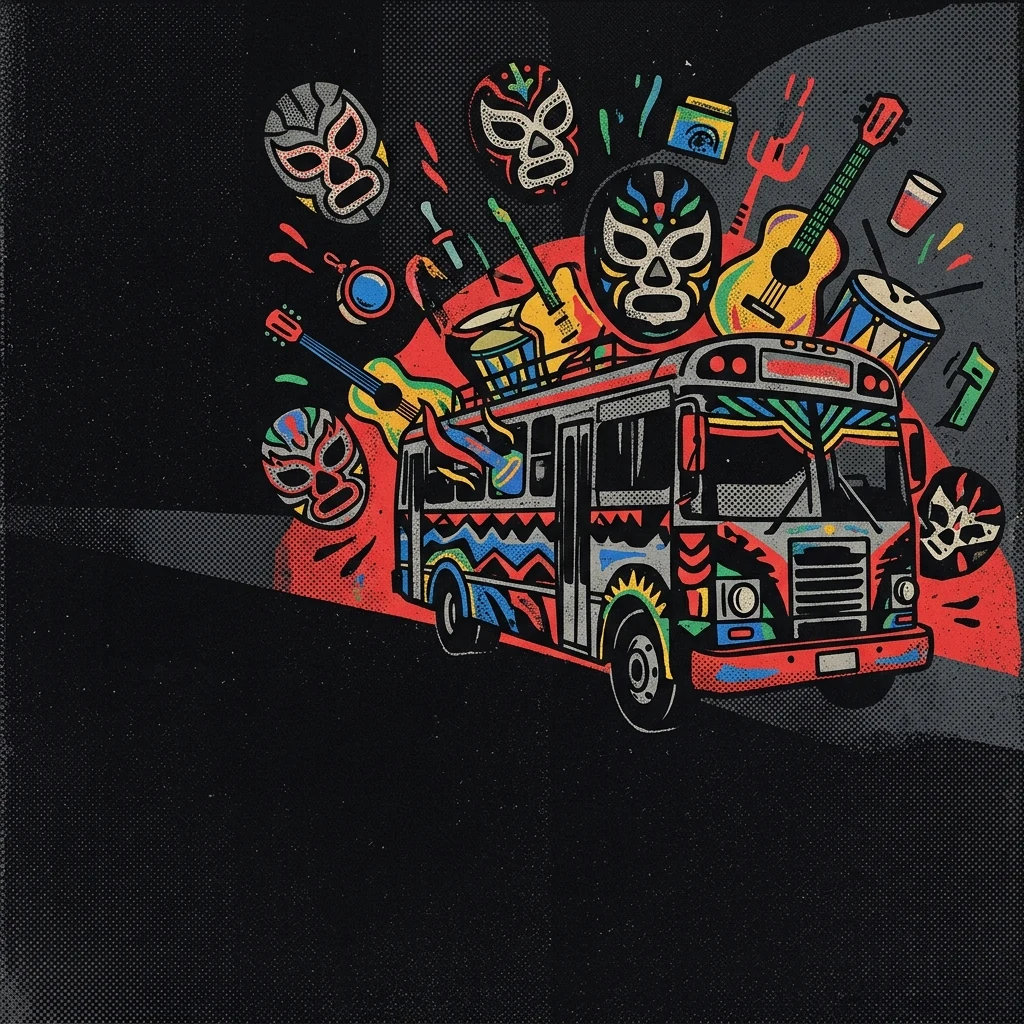 ilustración tributo al legado de Botellita de Jerez, composición de referencias a la cultura urbana mexicana de los 80 y 90 — microbús, máscaras de lucha libre, instrumentos, arte kitsch colorido — sobre fondo negro, estética pop-art folclórico sin rostros ni logos