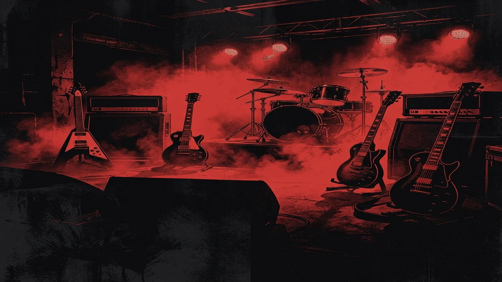 ilustración tributo de guitarras eléctricas y una batería envueltos en niebla roja bajo luces industriales de Sheffield, atmósfera cruda y oscura, paleta rojo y negro, sin rostros ni logos