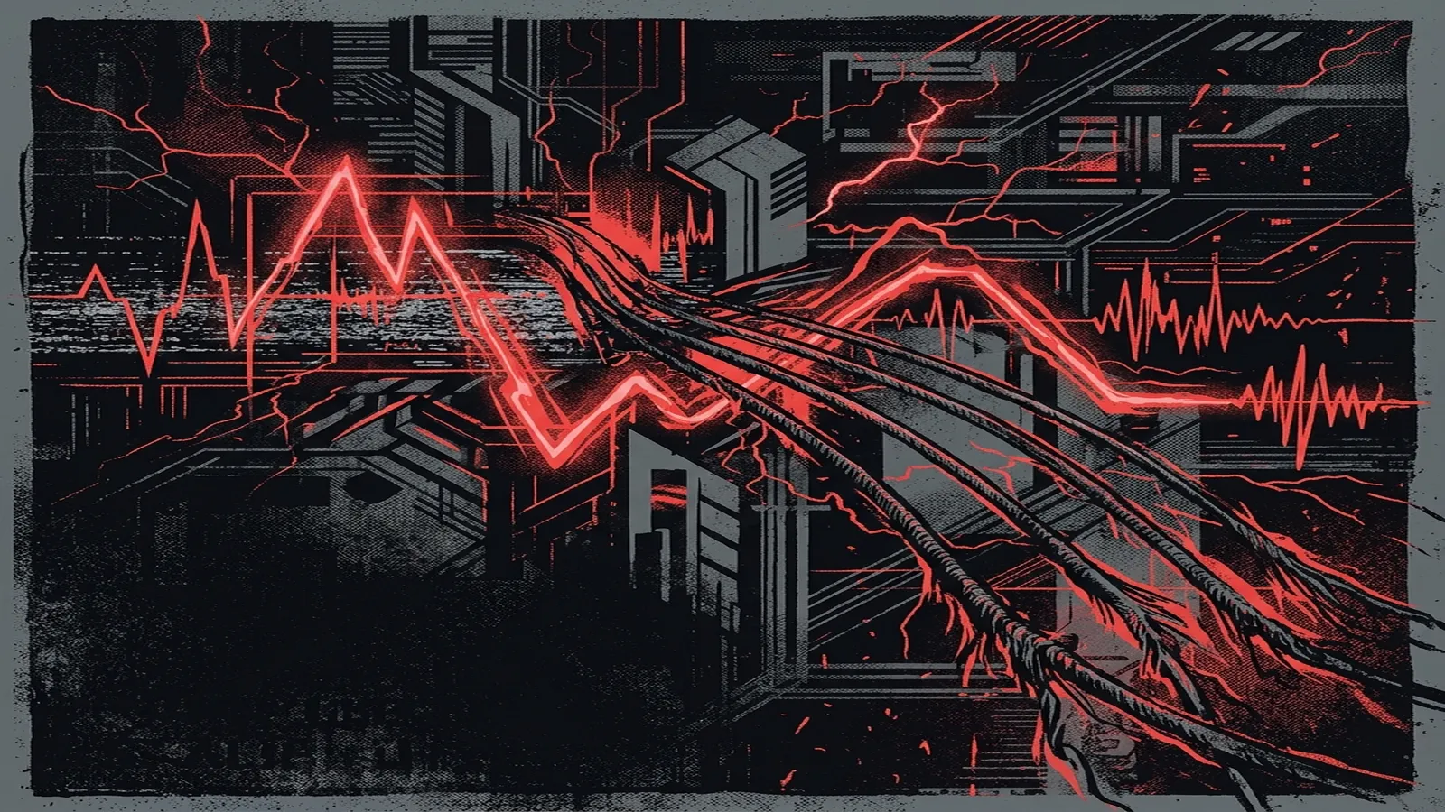 ilustración tributo de ondas de síntesis electrónica entrelazadas con cuerdas de guitarra distorsionada, espacio cibernético rojo y negro, sin rostros reconocibles ni logos