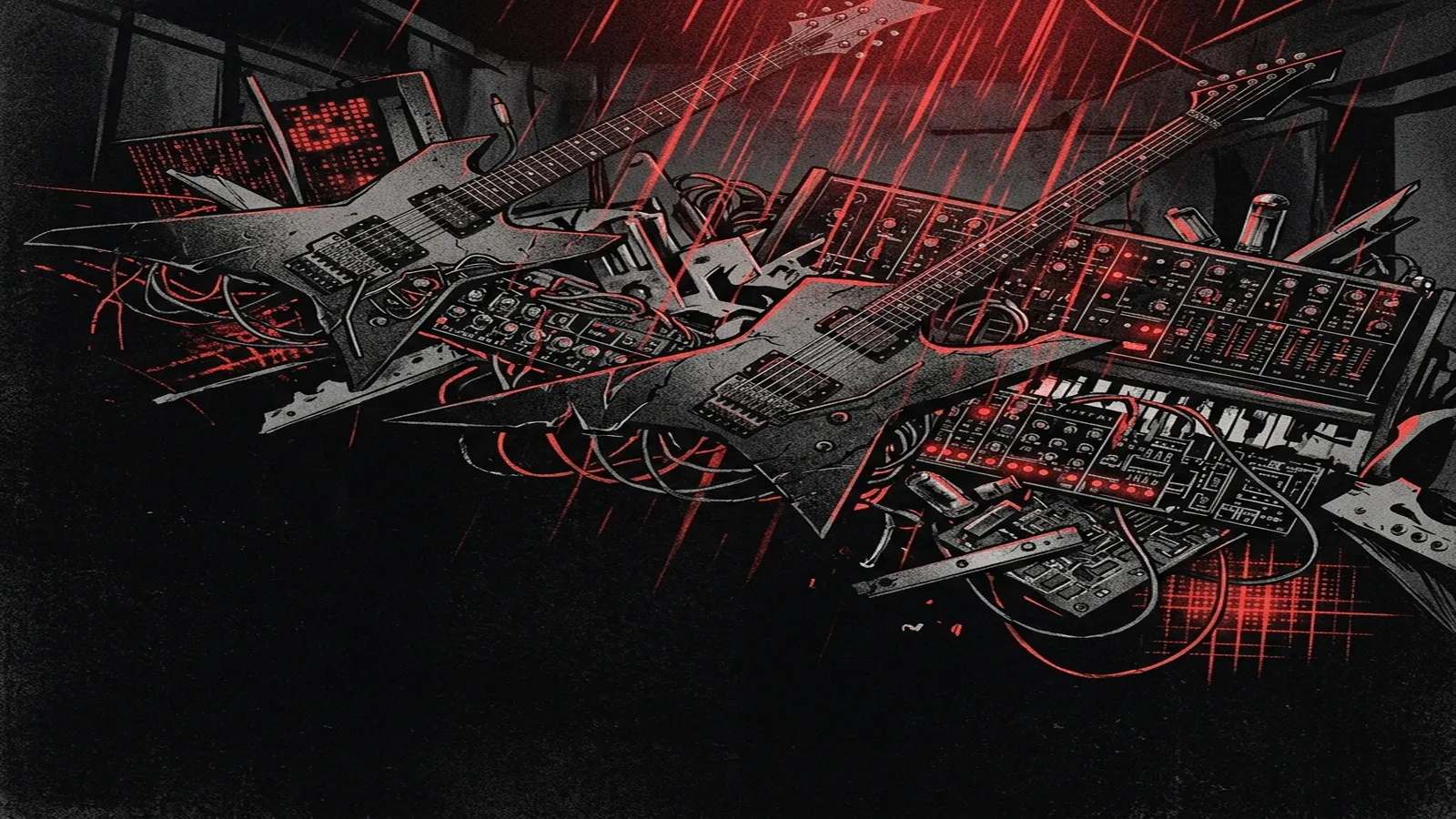 ilustración tributo de un collage de guitarras eléctricas, sintetizadores analógicos y circuitos digitales bajo una lluvia de luz roja, estética metalcore cyborgiana, paleta rojo y negro, sin texto ni logotipos