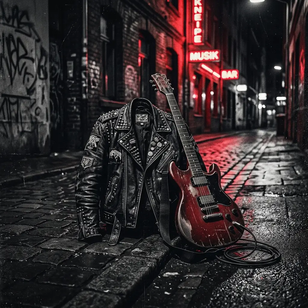 ilustración tributo de una chaqueta de cuero tachonada y una guitarra eléctrica bajo neón rojo en una calle nocturna de Düsseldorf, atmósfera punk cruda, paleta rojo y negro, sin rostros ni logos reconocibles
