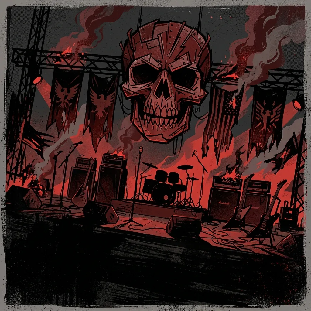 ilustración tributo de un escenario en llamas con siluetas de músicos bajo una calavera estilizada y banderas alemanas en llamas, atmósfera de concierto masivo, paleta rojo y negro intenso, sin rostros ni logos reconocibles