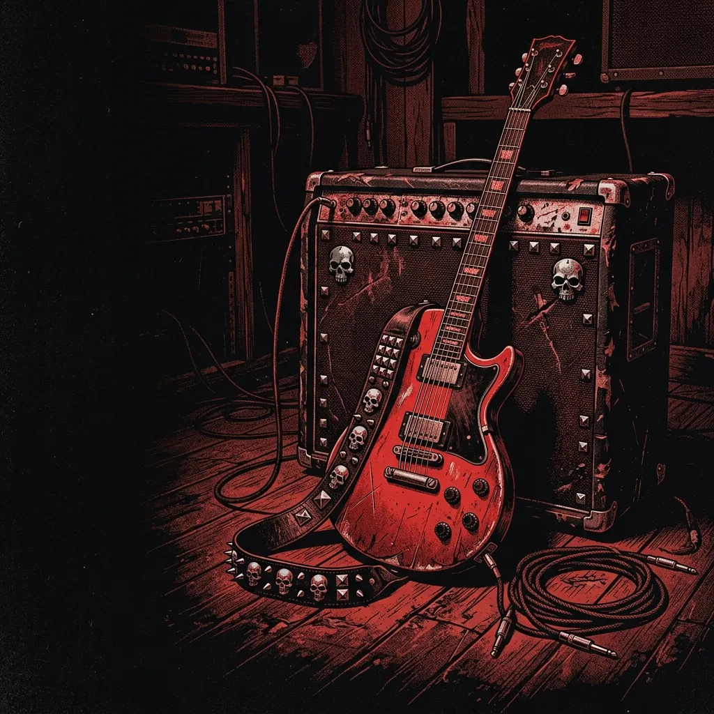 ilustración tributo de una guitarra eléctrica con acabado rojo sangre junto a un amplificador vintage en un estudio tenue, motivos de calavera y tachuelas de metal, paleta rojo y negro, sin texto ni logotipos